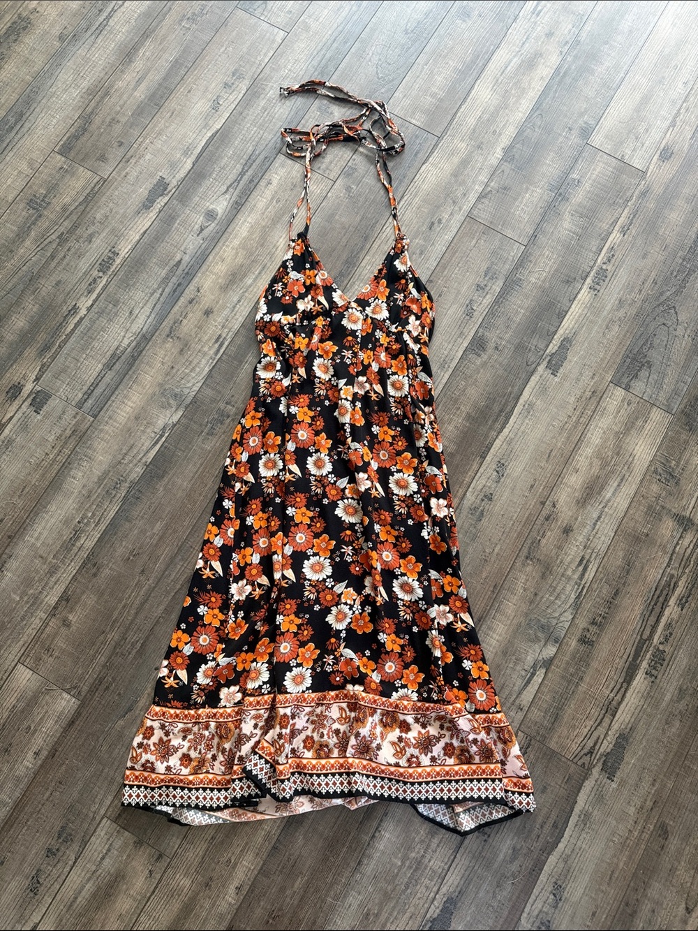 Floral Halter Midi Dress in Black and Orange